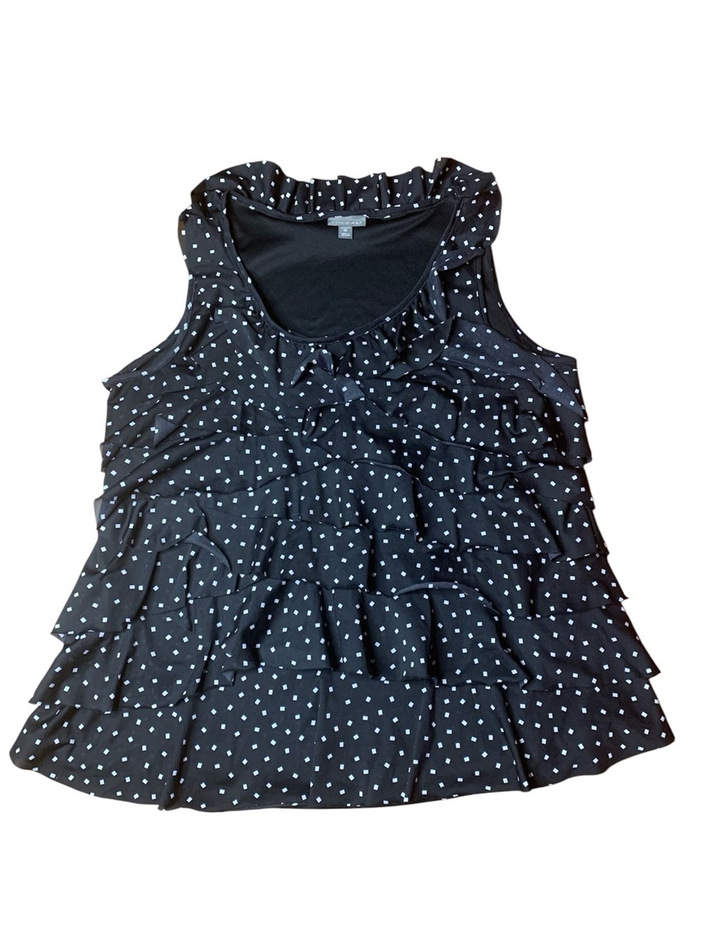 Roz & Ali Black & White Polka Dot Ruffle Sleeveless Blouse – Plus Size 1X
